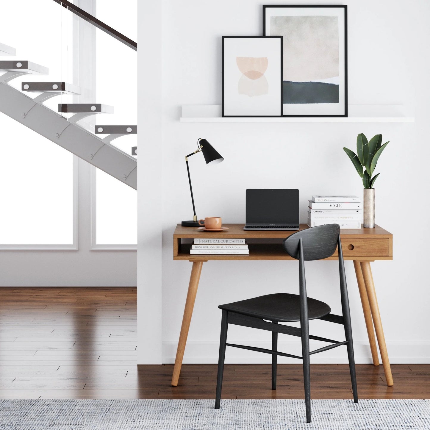 Nathan James Parker Modern Home Office Desk in Walnut Wood with Open Storage Cubby and Small Drawer, Walnut