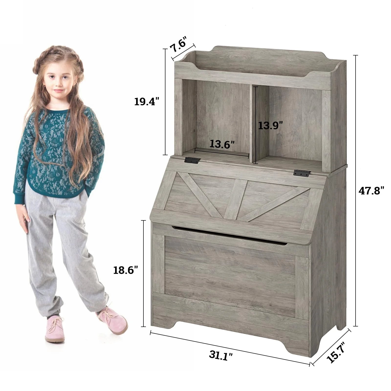 Kids Bookshelf and Toy Storage Organizer, Large Wooden Toy Box Chest with Flip-top Lid and Cubby, 3-Tire Children's Bookcase with Toy Storage Cabinet for Playroom Bedroom Nursery Kindergarten Hallway