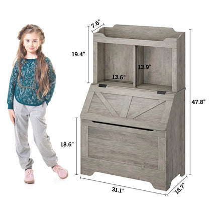 Kids Bookshelf and Toy Storage Organizer, Large Wooden Toy Box Chest with Flip-top Lid and Cubby, 3-Tire Children's Bookcase with Toy Storage Cabinet for Playroom Bedroom Nursery Kindergarten Hallway