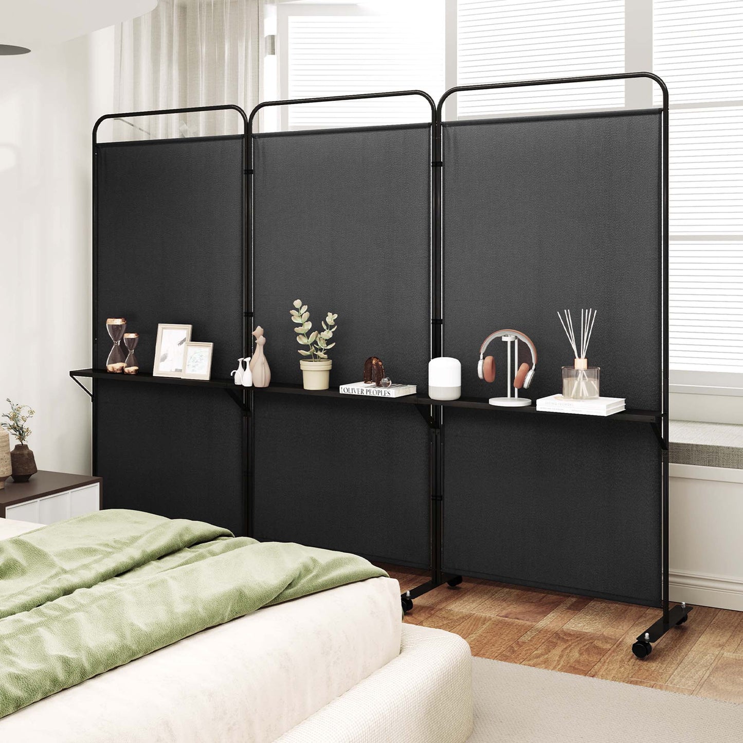Costway 3-Panel Room Divider with Storage Shelves 6FT Tall Folding Privacy Screen on Wheels Black