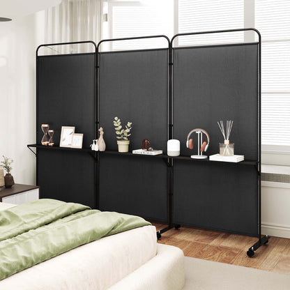 Costway 3-Panel Room Divider with Storage Shelves 6FT Tall Folding Privacy Screen on Wheels Black