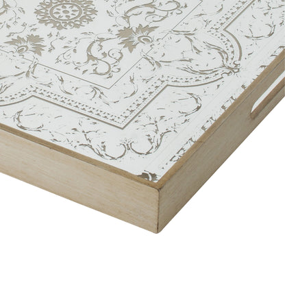 Miki 20 Inch Square Decorative Tray, Artisan Mirrored Floral Pattern, Gold