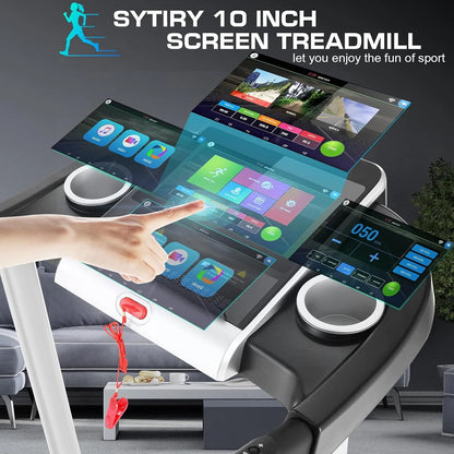 SYTIRY Folding Treadmill w/10" HD Touchscreen WiFi 3.25 HP Adjustable Incline Treadmills, Heart Rate Monito 9 MPH Speed Range Jogging Running Machine for Home Office 265lbs Weight Capacity