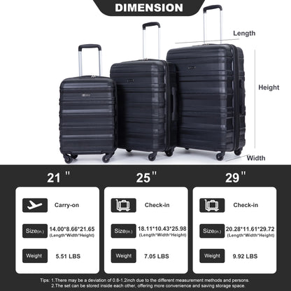 PAPROOS Hardside Luggage Set, 3 Piece 21in 25in 29in Carry on Suitcases Set with 2 Hooks and TSA Lock, Modern Lightweight Luggage Set, Hardshell Expandable Suitcase Set for Family Travel, Black