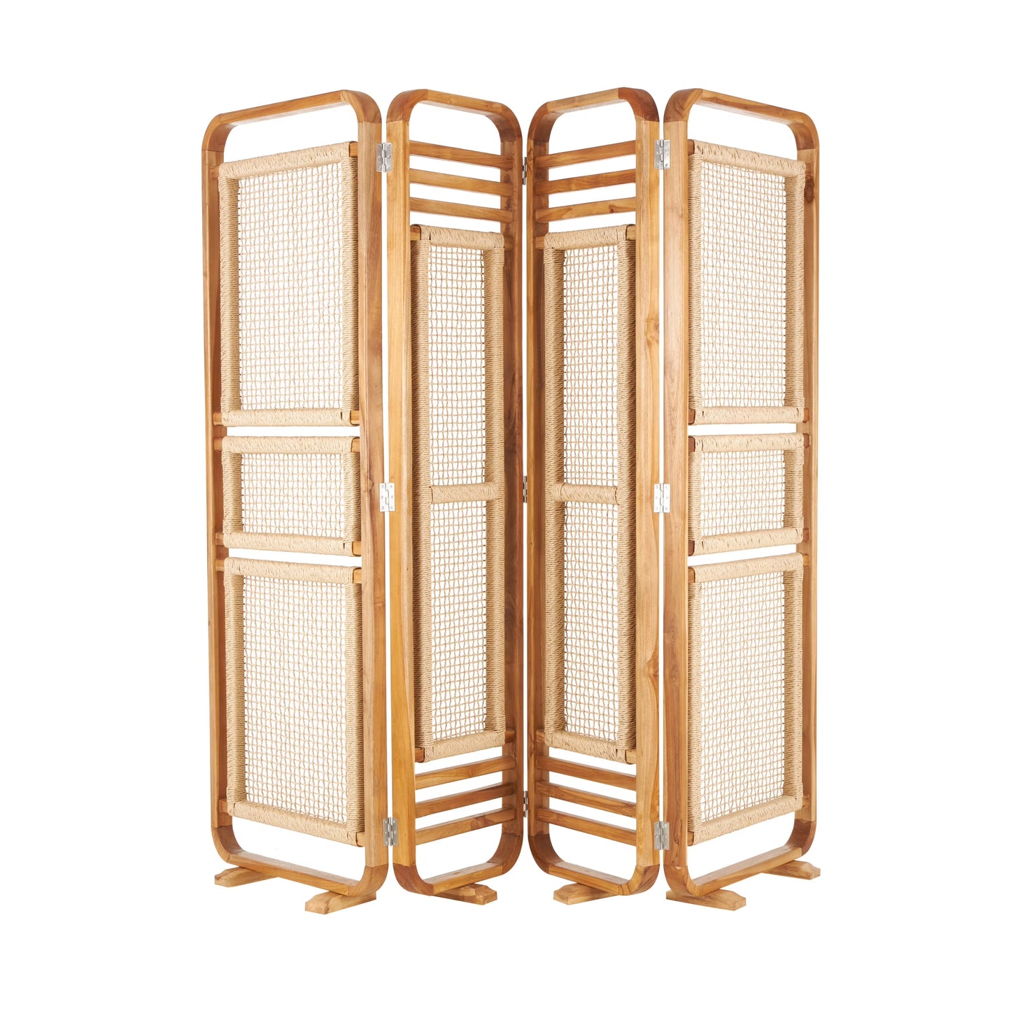DecMode 79" x 70" Brown Teak Wood Handmade Foldable Partition 4 Panel Room Divider Screen with Woven Rattan Panels, 1-Piece