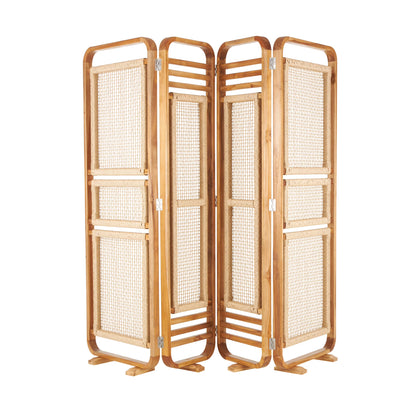 DecMode 79" x 70" Brown Teak Wood Handmade Foldable Partition 4 Panel Room Divider Screen with Woven Rattan Panels, 1-Piece