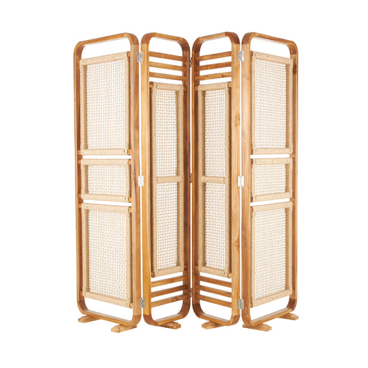 DecMode 79" x 70" Brown Teak Wood Handmade Foldable Partition 4 Panel Room Divider Screen with Woven Rattan Panels, 1-Piece