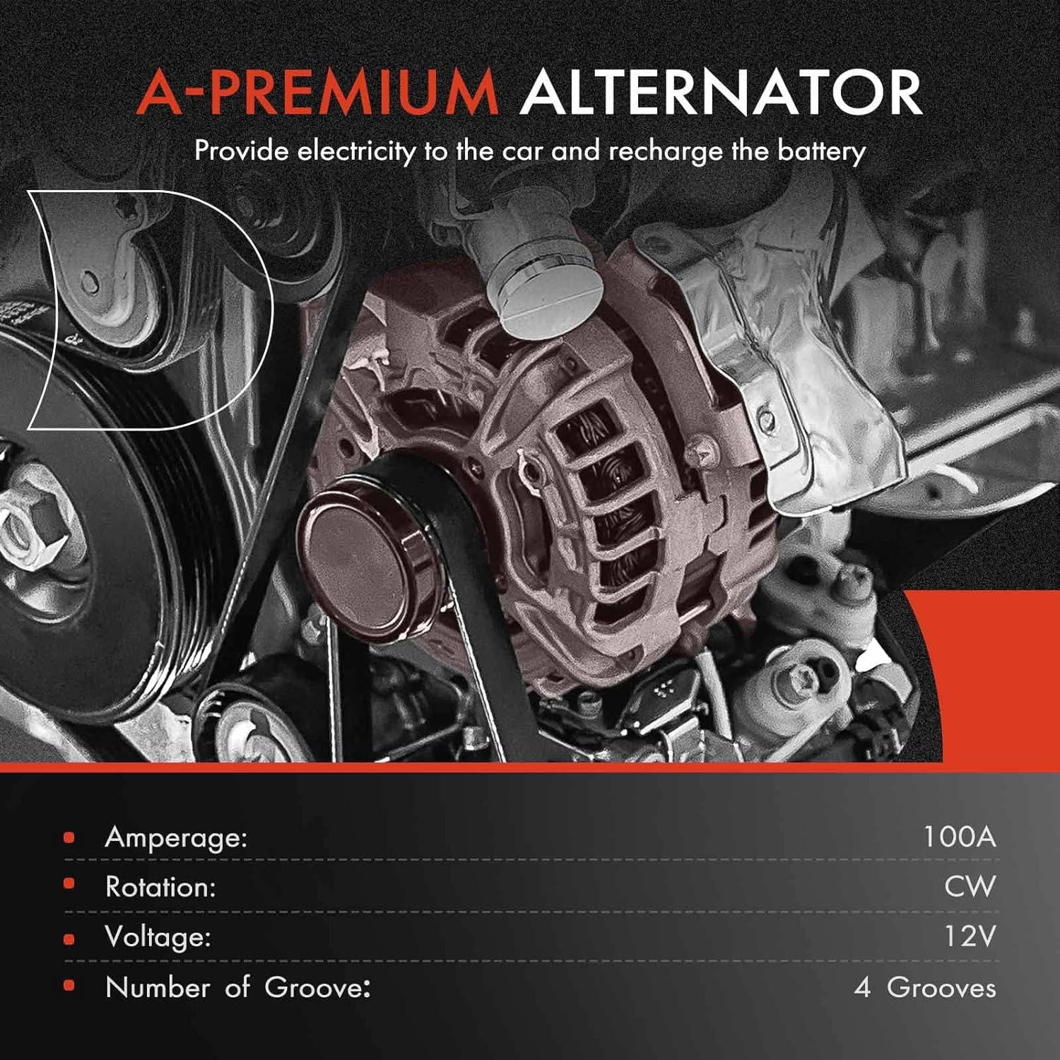 A-Premium Alternator for Toyota Camry 2010-2011 - L4 2.5L, 12V 100A 4-Groove Decoupler Pulley Clockwise