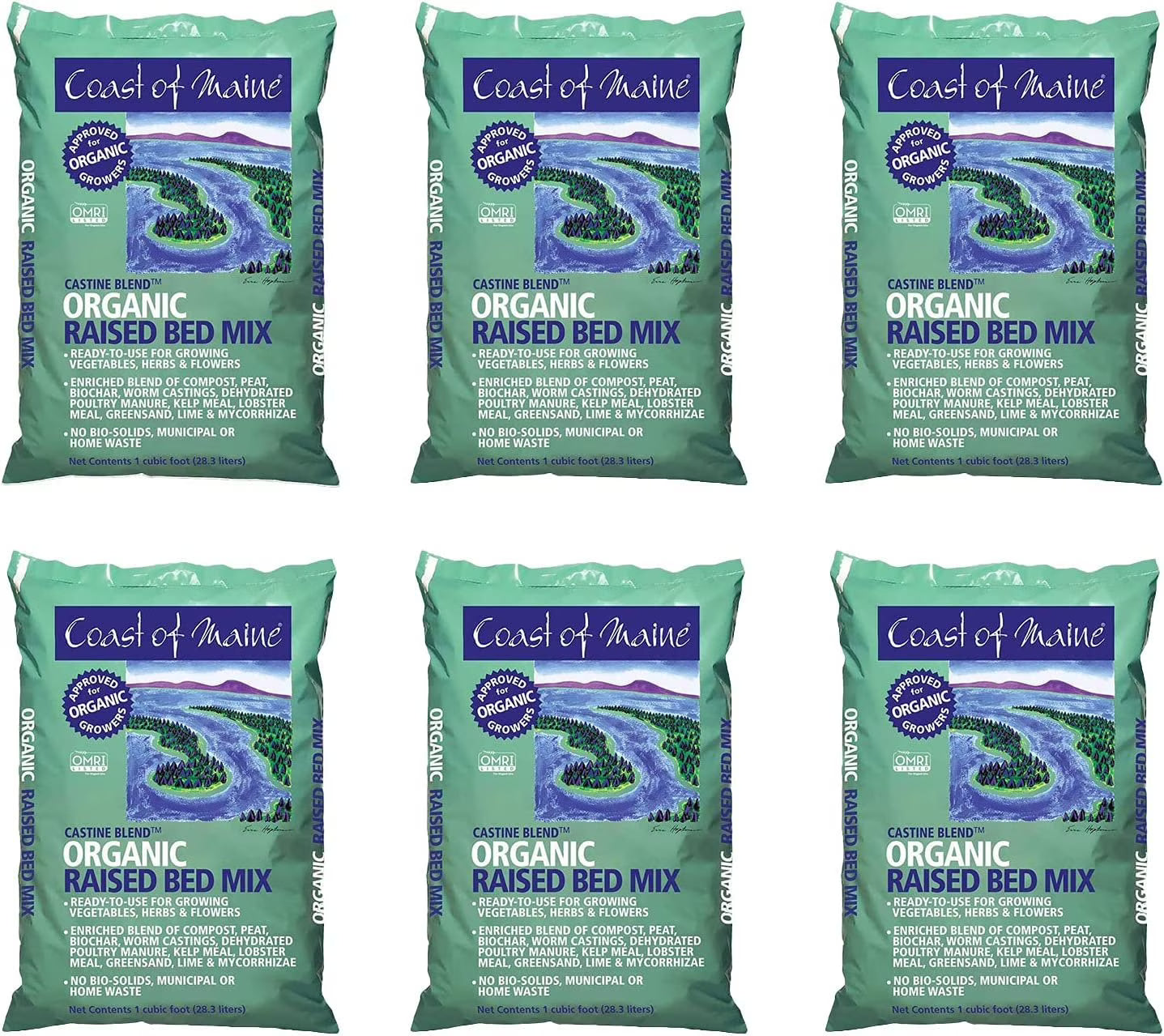 Coast of Maine Castine Blend Organic Raised Bed Soil Mix with All Natural Ingredients for Vegetables, Herbs, and Flowers, 1 Cubic Feet 4 Pack
