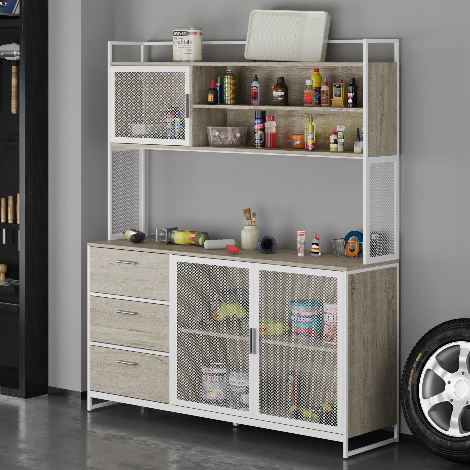 WIAWG Garage Cabinet with 3 Drawers and Metal Mesh Door, Industrial Mutifunctional Tool Storage Cabinet for Warehouse, Basement, Home Office (Walnut)