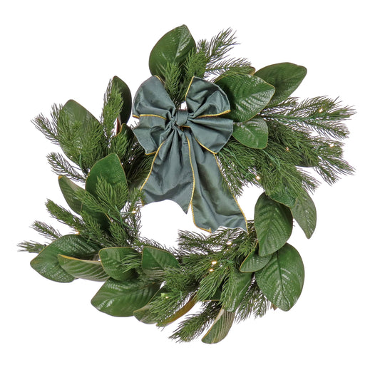 24 in. Pre-Lit Artificial Christmas Wreath, Mixed Pine, Green Fabric Bow, 50 Warm White LED Lights