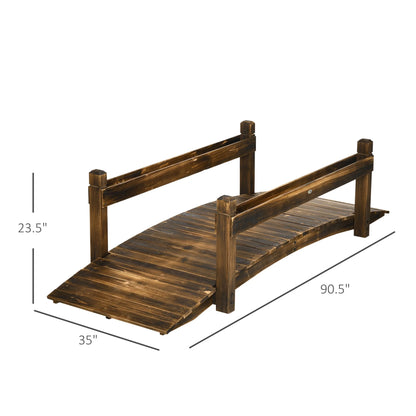 Homiyad 7.5' Wooden Garden Bridge with Planters on Safety Railings, Stained Finish Arc Footbridge for Backyards, Gardens and Streams