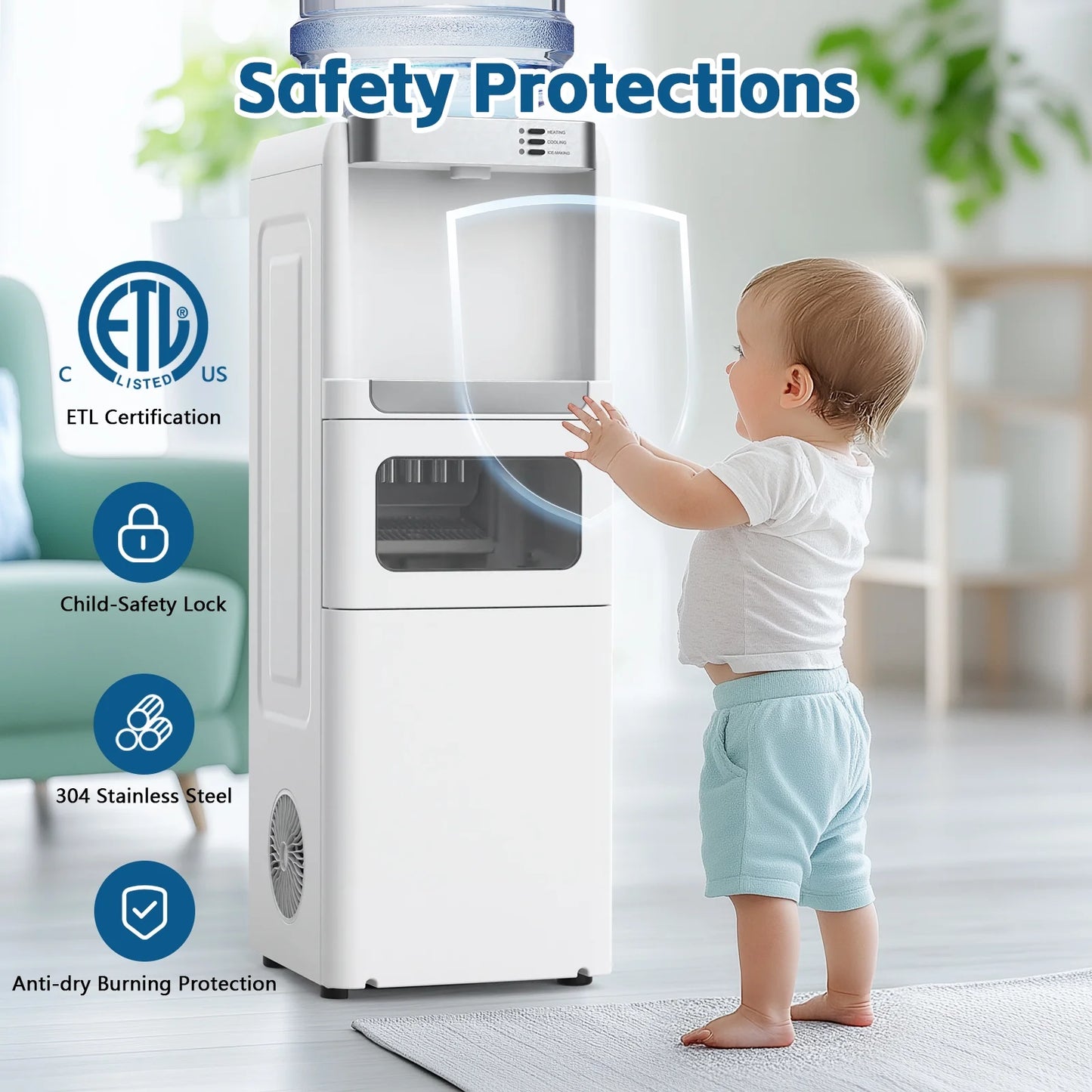 Advwin 3-in-1 Water Dispenser with Ice Maker, 33lbs/24H, Top Loading 3 or 5 Gallon, Water Cooler Dispenser for Home Office, Hot & Cold Water Dispenser, Child Lock