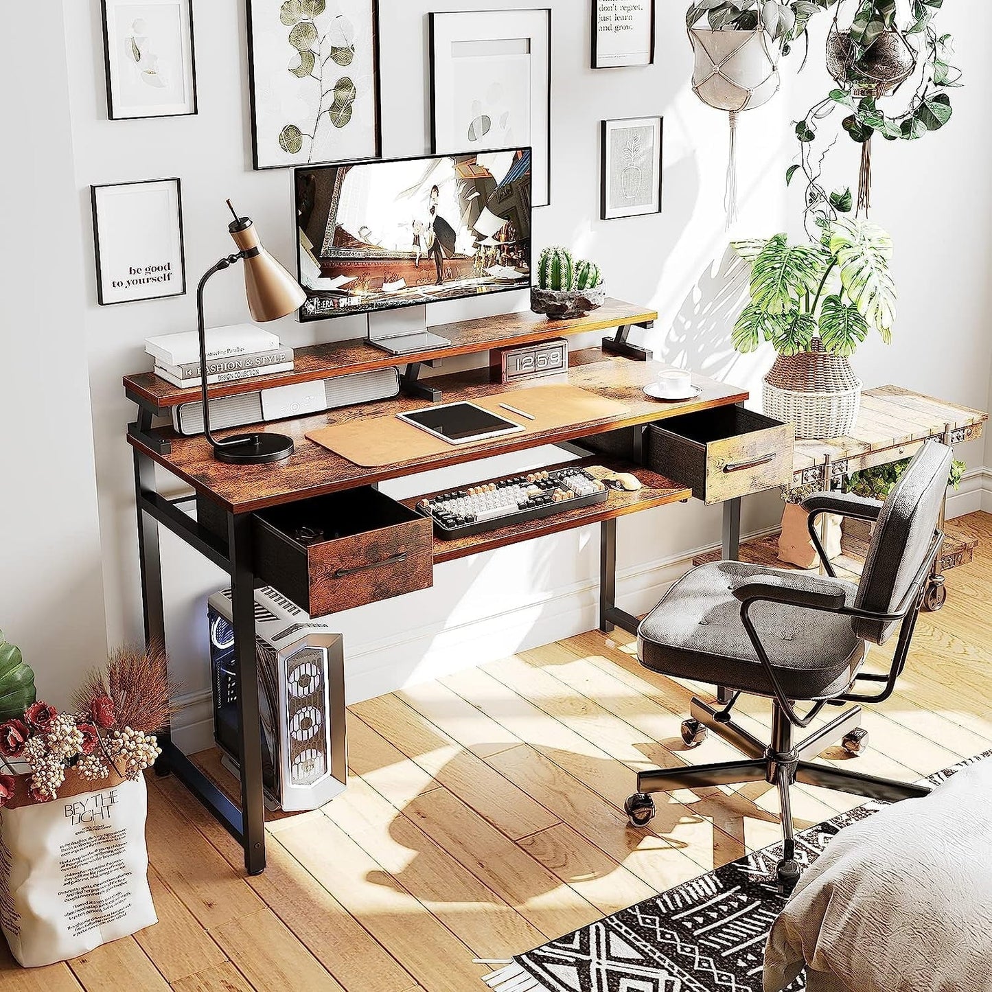48 inch Computer Desk with Keyboard Tray, Modern Home Office Desk with Shelf & Drawers, Study Desk for Student, Rustic Brown