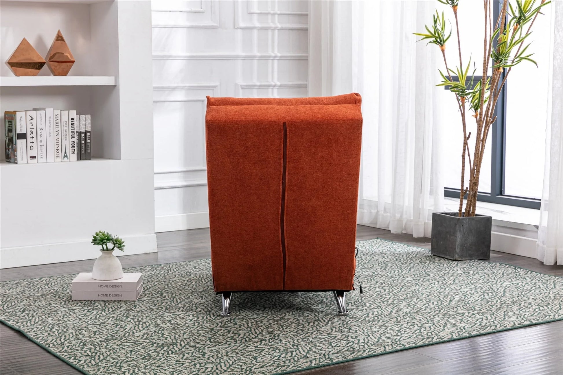 Linen Chaise Lounge Indoor Chair, Modern Long Lounger for Home Office, Ergonomic Recliner Leisure Chair Massage Chaise Lounge Recliner with Storage Pocket, Orange