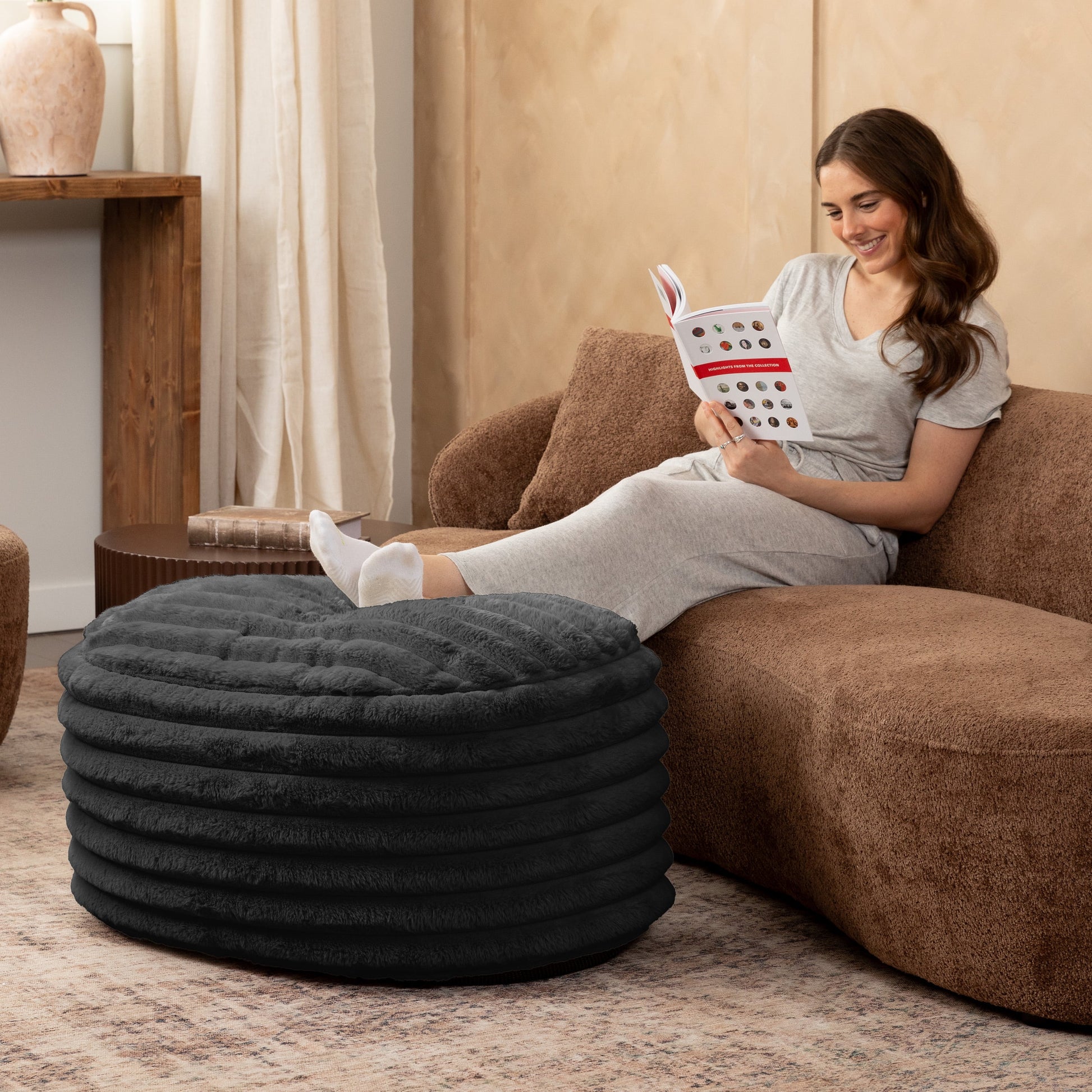 Jaxx Paran Accent Pouf - Fluffy Faux Fur Ottoman for Modern Interior Design, Large, Black