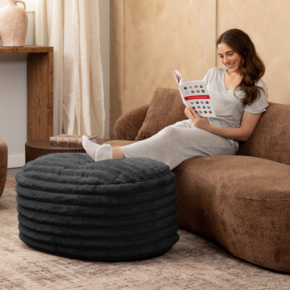 Jaxx Paran Accent Pouf - Fluffy Faux Fur Ottoman for Modern Interior Design, Large, Black