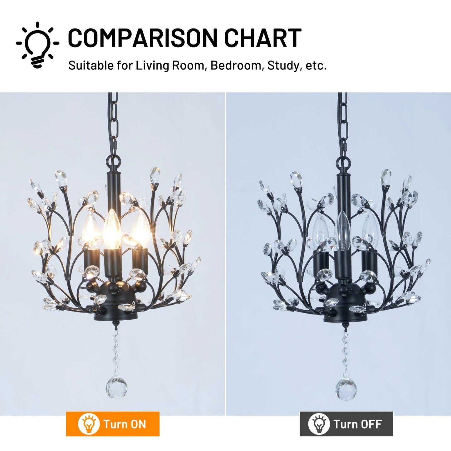 FINE MAKER 18-inch branch flower-shaped crystal chandelier, 3-head living room chandelier, bedroom study lighting fixture (black)