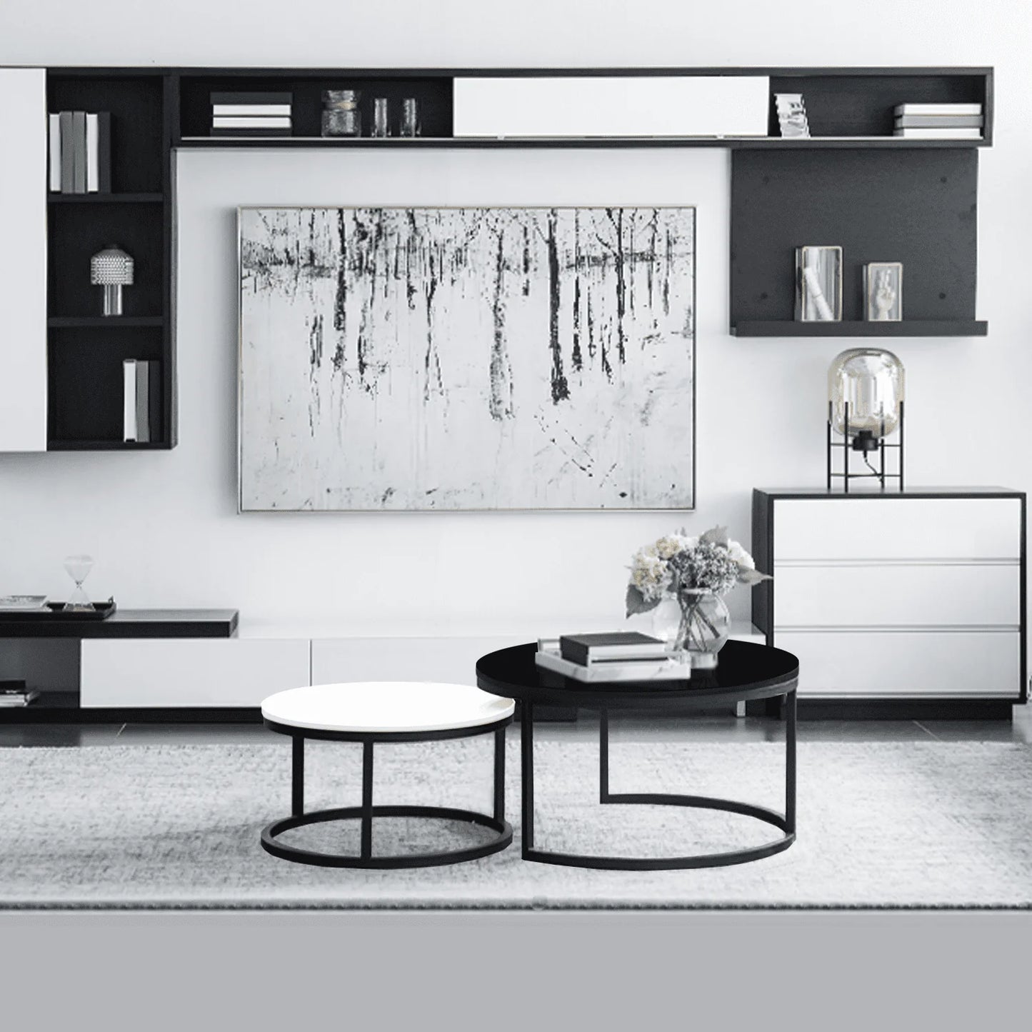 2 Round Tea Table Coffee Table Desk Sets | Black & White - Twin Sets Multi Function Wood & Steel Living Room Home Decor Polished Surface Overlapping Ending Tables Cocktail Table