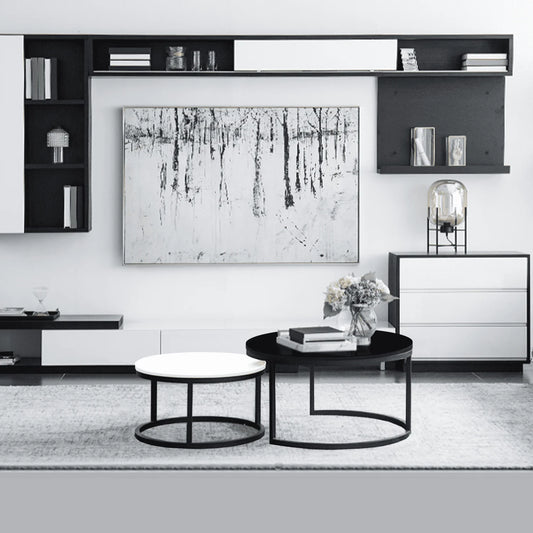2 Round Tea Table Coffee Table Desk Sets | Black & White - Twin Sets Multi Function Wood & Steel Living Room Home Decor Polished Surface Overlapping Ending Tables Cocktail Table