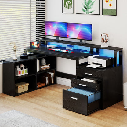 Dextrus 65" L Shaped Desk with Power Outlets and Monitor Stand , Computer Desk with LED Light &File Cabinet, Corner Desk with 3 Drawers & 4 Open Storage Shelves, Modern Home Office Desk, White
