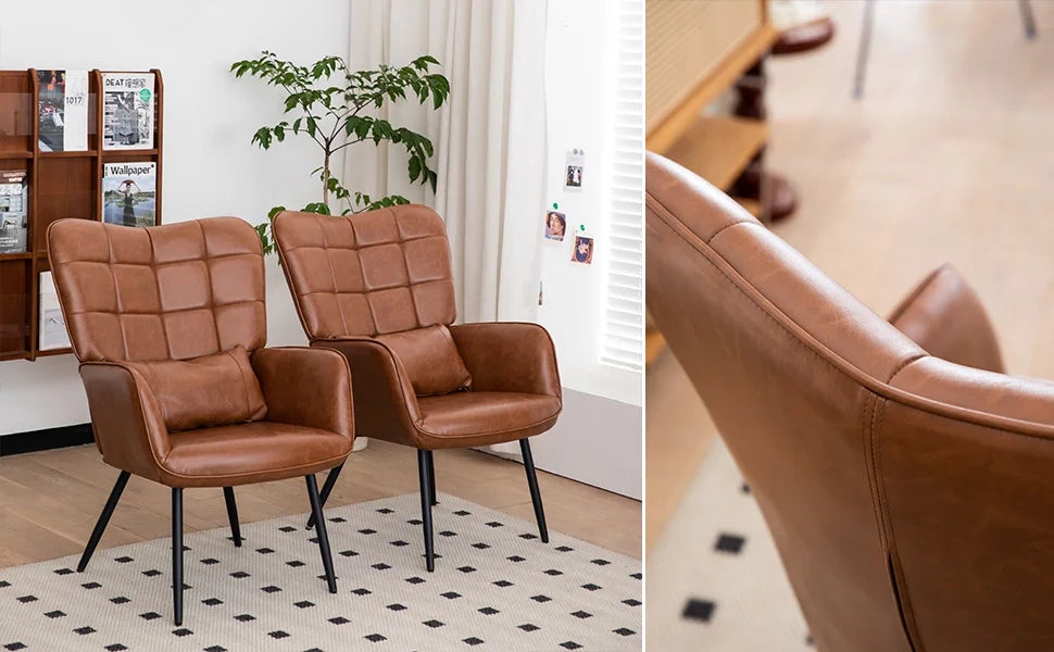 Modern Accent High Back Chair, Bonded Leather Armchair, Living Room Chairs with Metal Legs and Soft Padded, Sofa Chairs for Home Office/Bedroom/Dining Room, Brown (1pc)