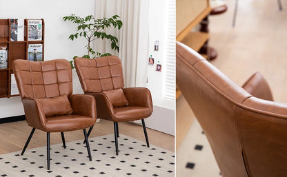 Modern Accent High Back Chair, Bonded Leather Armchair, Living Room Chairs with Metal Legs and Soft Padded, Sofa Chairs for Home Office/Bedroom/Dining Room, Brown (1pc)
