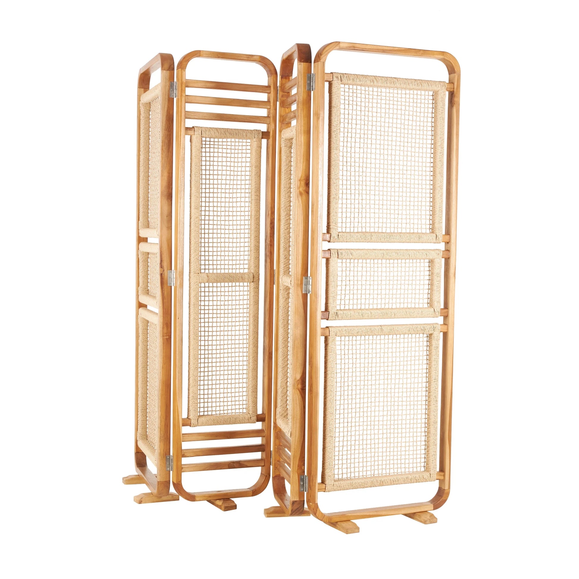 DecMode 79" x 70" Brown Teak Wood Handmade Foldable Partition 4 Panel Room Divider Screen with Woven Rattan Panels, 1-Piece