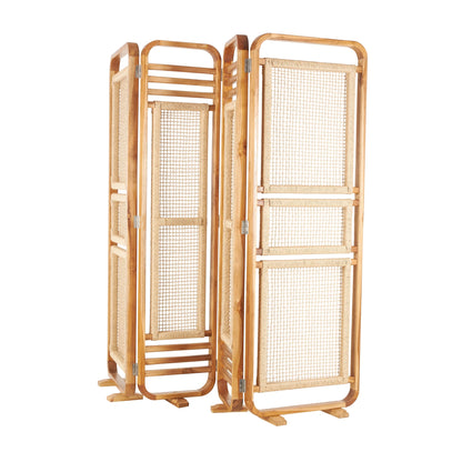 DecMode 79" x 70" Brown Teak Wood Handmade Foldable Partition 4 Panel Room Divider Screen with Woven Rattan Panels, 1-Piece