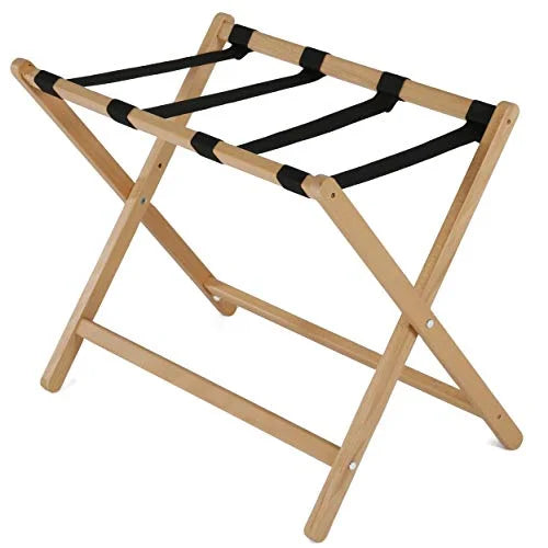 M& T Displays Beech Wood Folding Luggage Rack Travel Suitcase Stand with Woolen Strips for Home Hotel Gym Spa Guest Room 200 lbs Carriage Capacity Natural Wood 18x30 Inches