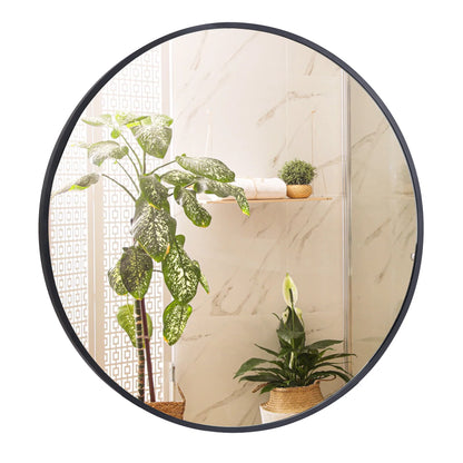 SuperDeal 24 inch Diameter Round Wall Mirror HD Explosion-Proof Black Aluminum Alloy Frame