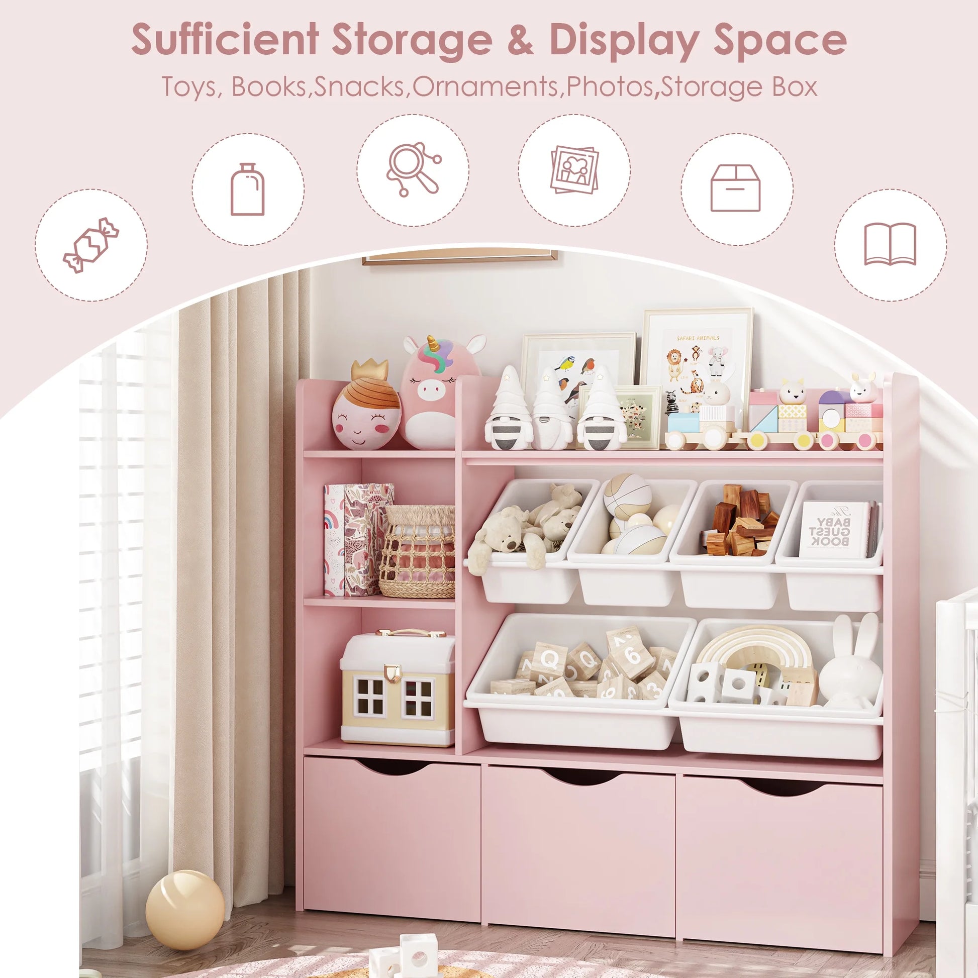 Homfa Kids Bookcase with 6 Storage Bins, Multi-Purpose Toy Organizers Bookshelf with 3 Drawers for Bedroom Nursery Playroom, White