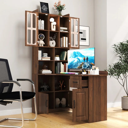 Tcbosik L-Shaped Desk with Storage, Corner Computer Desk with Hutch and Open Shelves, Study Writing Table with Drawer and Cabinets for Home Office, Space Saving, Walnut