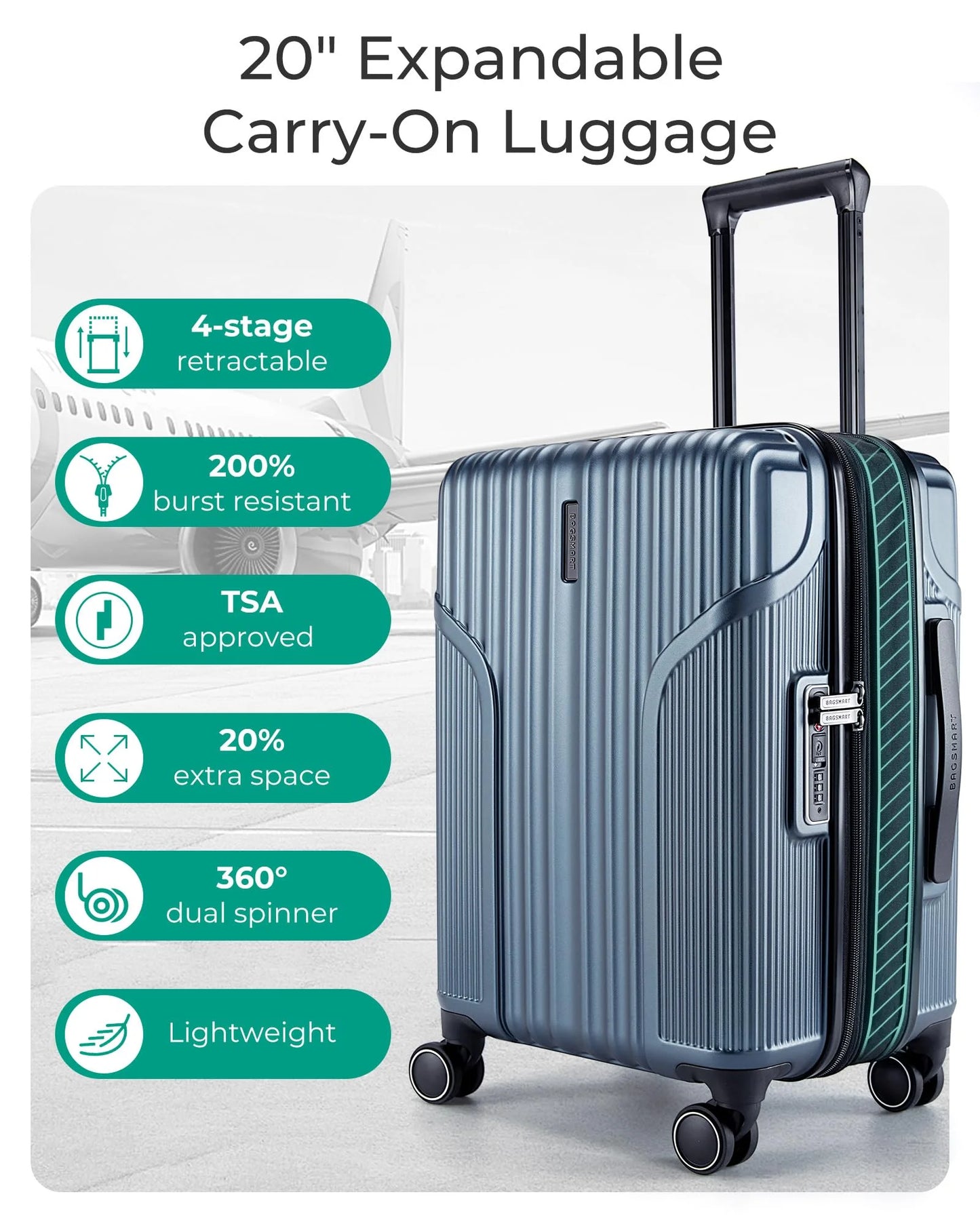 BAGSMART Expandable Carry On Luggage 22x14x9 Airline Approved, Carry-On Suitcase with Spinner Wheels, Hardside Polycarbonate Rolling Travel Luggage with TSA Lock 20-Inch, Blue
