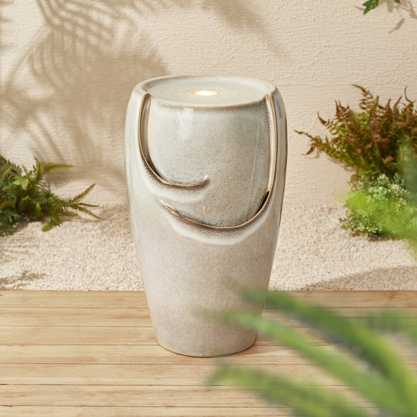 Glitzhome 21.25 Inch Tall Ceramic Vase Fountain Ceramic with Pump and LED Light Outdoor Fountain