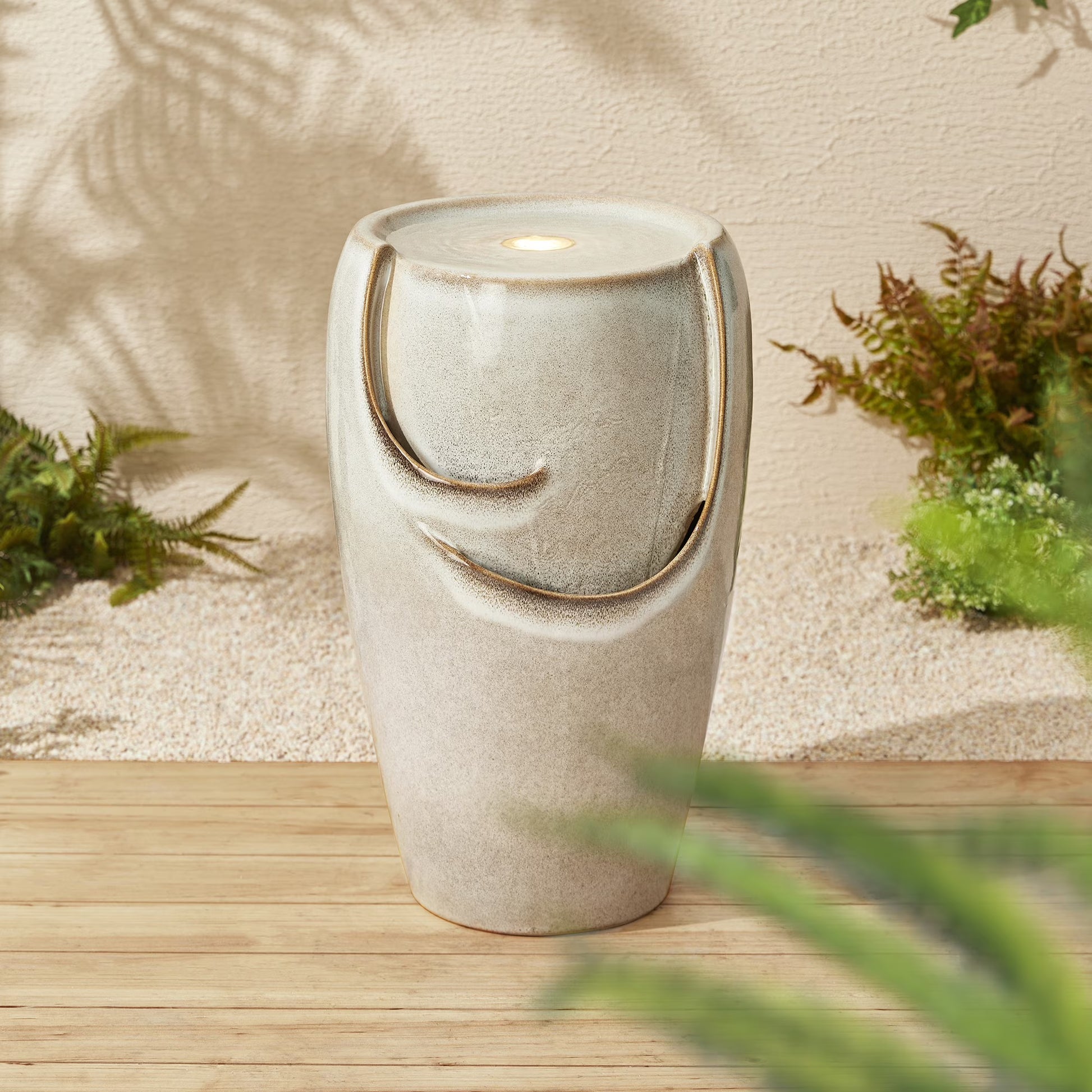 Glitzhome 21.25 Inch Tall Ceramic Vase Fountain Ceramic with Pump and LED Light Outdoor Fountain