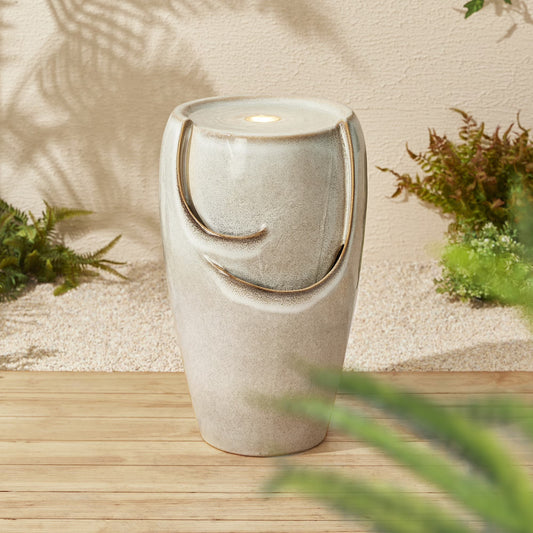 Glitzhome 21.25 Inch Tall Ceramic Vase Fountain Ceramic with Pump and LED Light Outdoor Fountain