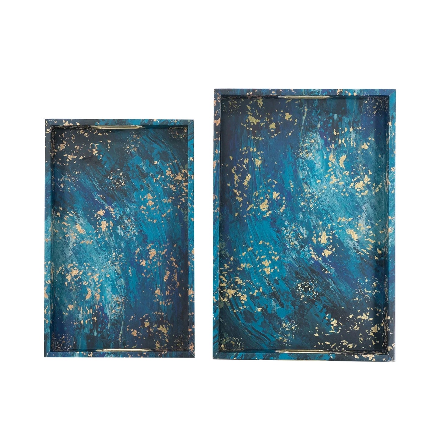 A& B Home Decorative Tray with Handles - Modern Minimalist Style Faux Leather Set of 2 Perfume Tray for Ottoman Couch Centerpiece Table Decor, Blue