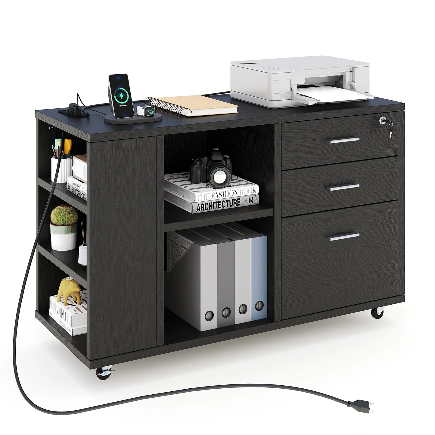 Dextrus File Cabinet with Charging Station, Mobile Lateral Filing Cabinet with Lock for Home Office, Printer Stand with Open Storage Shelf, Fits A4, Letter, Legal Size Files, Office Furniture, Black