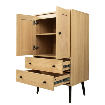 GZXS Storage Cabinet with 2 Rattan Doors & 2 Drawers, Mid Century Modern Buffet Sideboard Kitchen Cupboard for Living Room, Bedroom, Hallway, Home Office, Natural