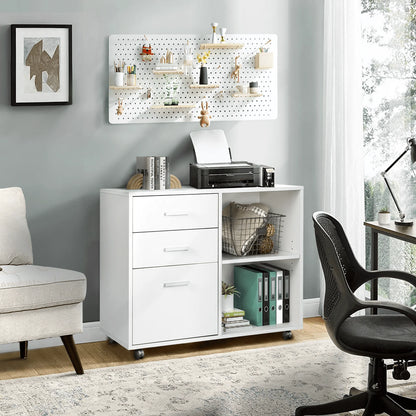 Richya Wood File Cabinet , Printer Stand with Open Storage Shelf, 3-Drawer File Cabinet, Home Office White