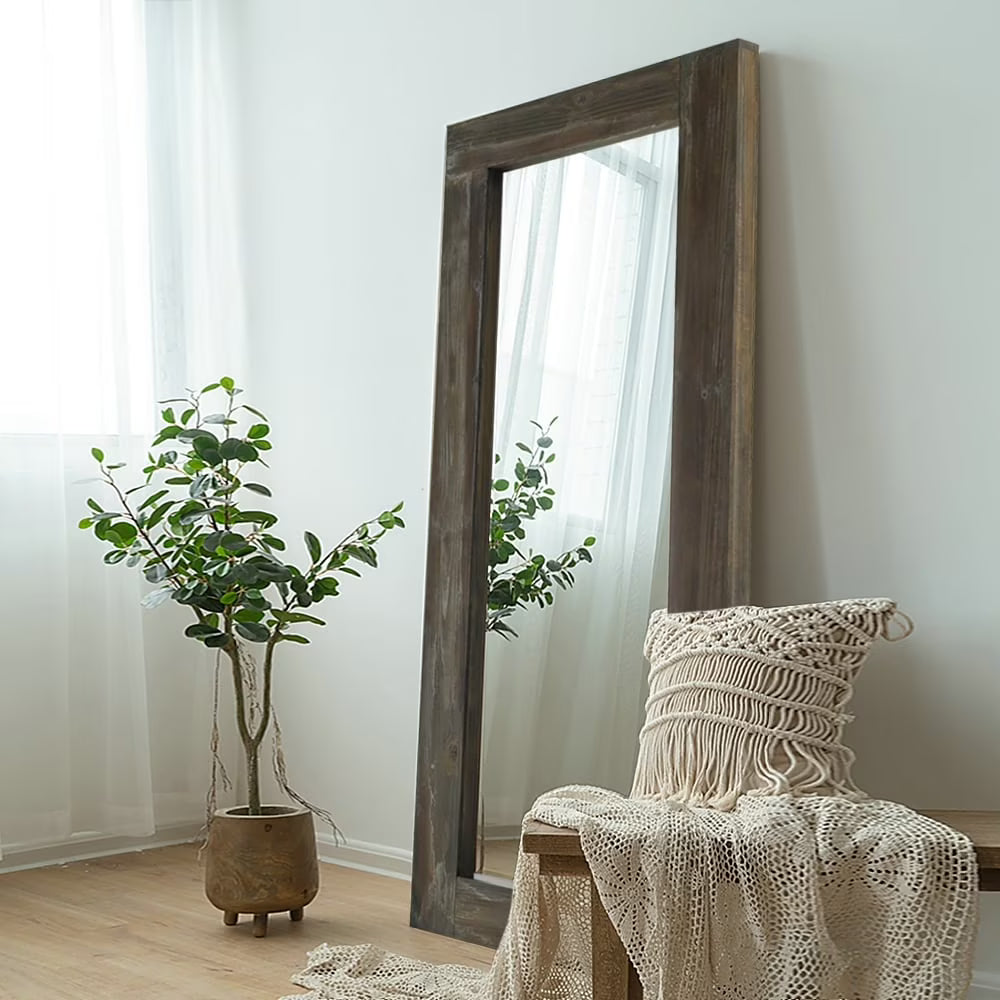 Rustic Wood Freestanding Full-length Floor Mirror Antique Brown 58x24 Brown