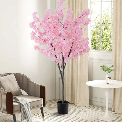 Costway 6.5 FT 2 PCS Tall Artificial Cherry Blossom Tree with 900 Pink Flowers Cement-filled