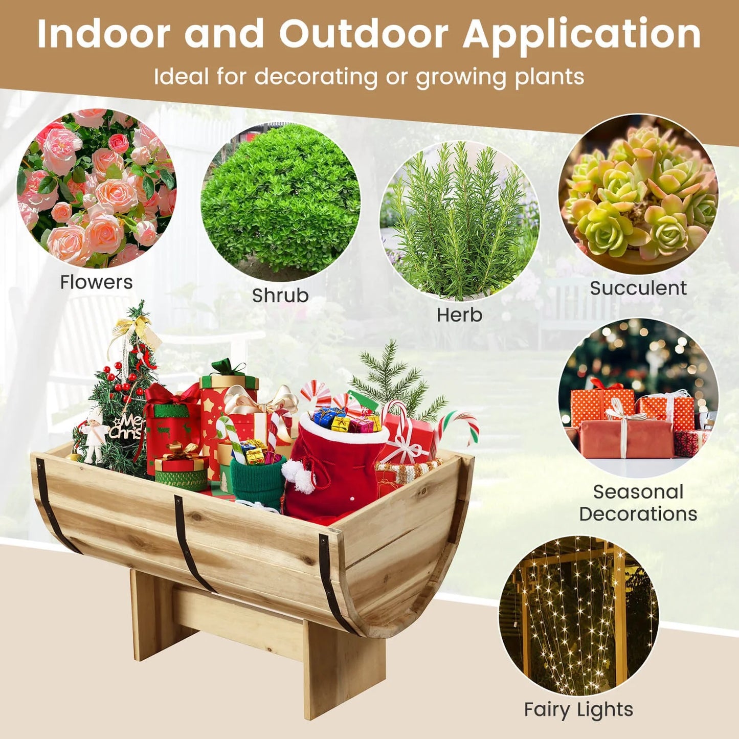 YJETYH Natural Wooden Planter Boxes, 2-Pack 18"x12"x11.5" Acacia Wood & Metal Half Whiskey Barrel Planters, 0.7 Gal Capacity for Indoor & Outdoor