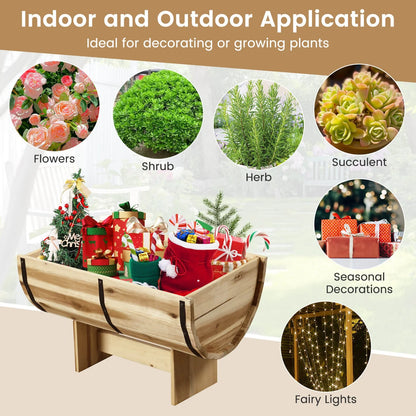 YJETYH Natural Wooden Planter Boxes, 2-Pack 18"x12"x11.5" Acacia Wood & Metal Half Whiskey Barrel Planters, 0.7 Gal Capacity for Indoor & Outdoor