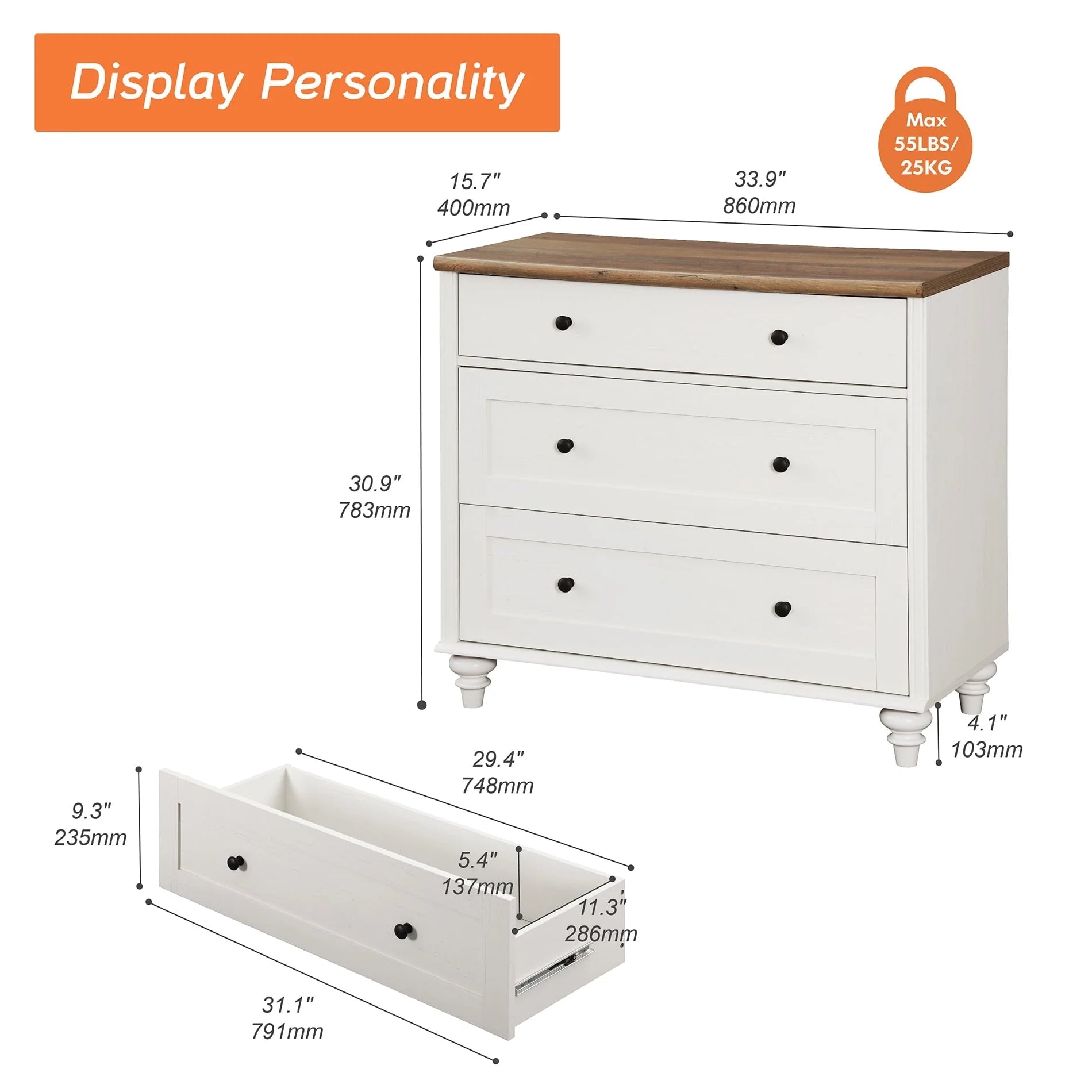 3 Drawer Dresser for Bedroom, White Baby Dressers Wood Mid Century Modern Closet Storage Organizer for Living Room, Nursery, Kids Room