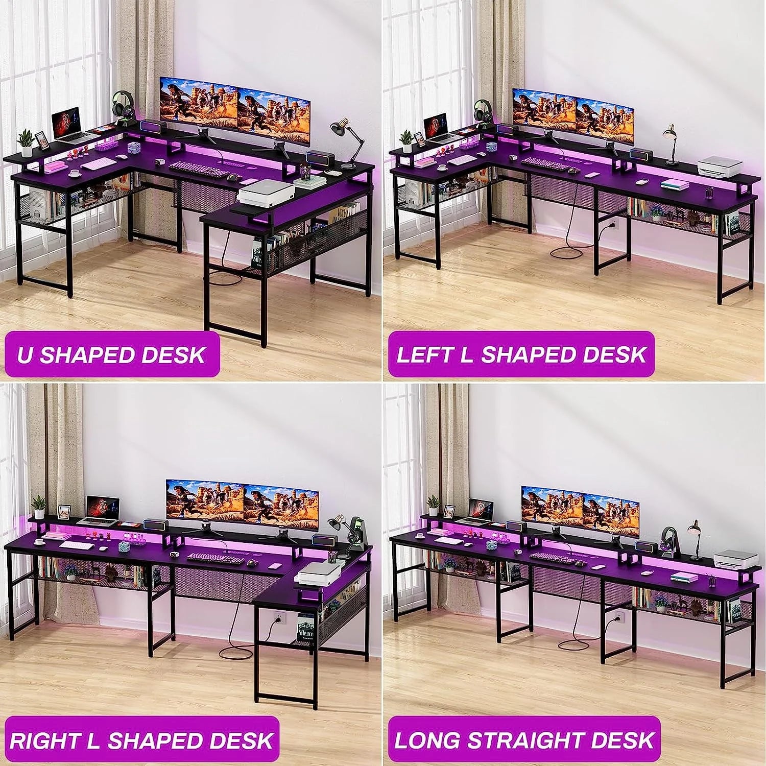 Homieasy U Shaped Desk with Power Outlet, 83 inch Reversible L-Shaped Gaming Desk with Monitor Stand and LED Strips, 2 Person Corner computer Desk with Storage Shelf for Home Office, Black