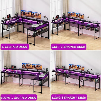 Homieasy U Shaped Desk with Power Outlet, 83 inch Reversible L-Shaped Gaming Desk with Monitor Stand and LED Strips, 2 Person Corner computer Desk with Storage Shelf for Home Office, Black