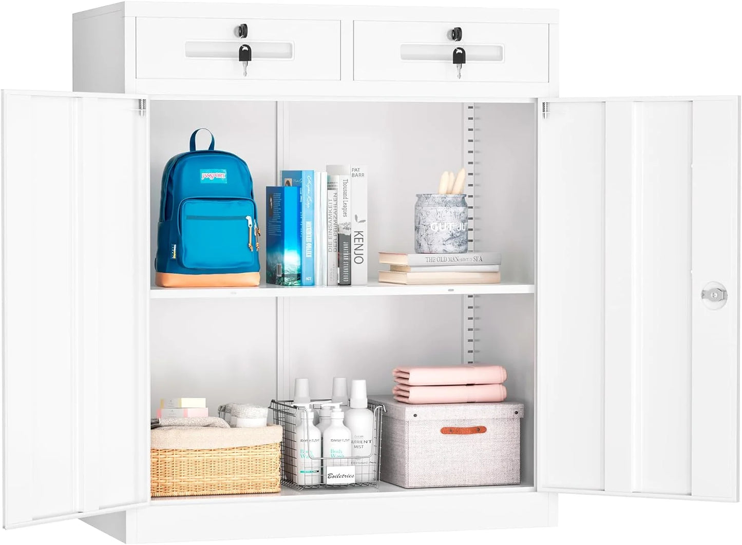 Superday Locking Metal Storage Cabinet with 2 Drawers, Lockable Garage Storage Cabinet with Locking Doors and Adjustable Shelves, Tool Cabinets for Home Office, School, Etc