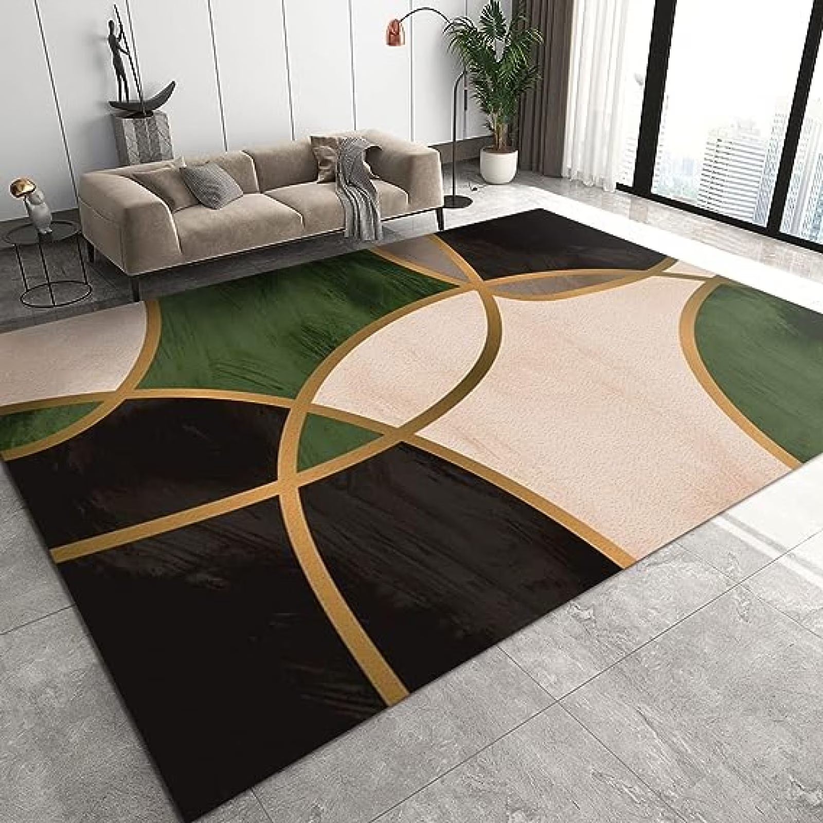 Emerald Green Decor Area Rug, Green Black Geometry Indoor Decor Area Rugs Pad, Easy Clean Carpet With Anti-Slip Backing Durable For Bedroom Living Room Dining Room 4' x 5'
